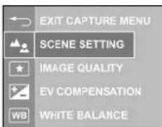 EXIT CAPTURE MENU SCENE SETTING IMAGE QUALITY EV COMPENSATION WE WHITE BALANCE