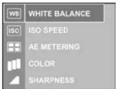 WB WHITE BALANCE ISO ISO SPEED AE METERING COLOR SHARPNESS