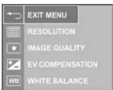 EXIT MENU RESOLUTION IMAGE QUALITY EV COMPENSATION WB WHITE BALANCE