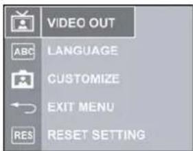 VIDEO OUT LANGUAGE CUSTOMIZE EXIT MENU RES RESET SETTING