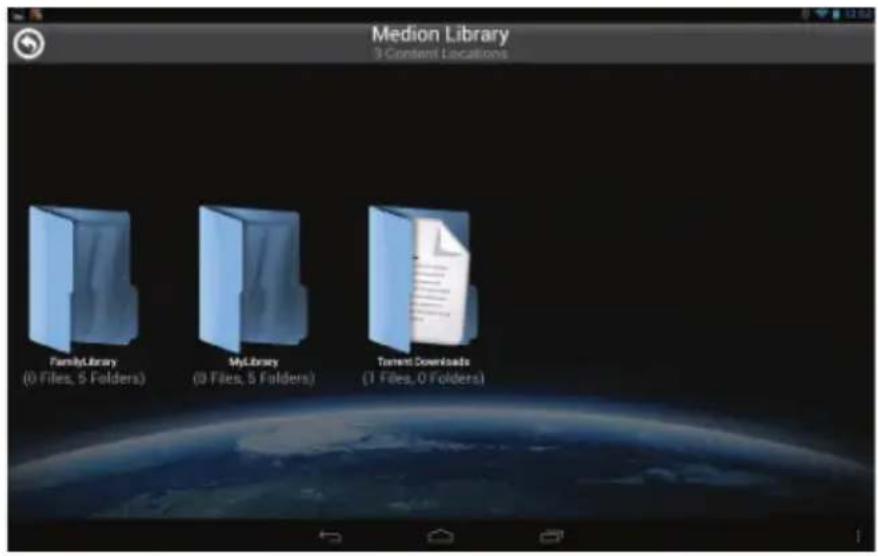 Medion Library 3-Content Locations FamilyLibrary (0 Files, 5 Folders) MyLibrary (0 Files, 5 Folders) Torrent Downloads (1 Files, 0 Folders)