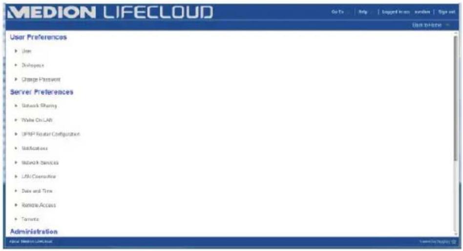 MEDION LIFECLOUD Go To Help Logged in on weather Sign out Back to Home User Preferences • Use • Disrespect • Change Password Server Preferences • Network Sharing • Make On LAN • UPMP Router Configuration • Modifications • Network Services • LAN Computative • Date and Time • Remote Access • Toronto Administration