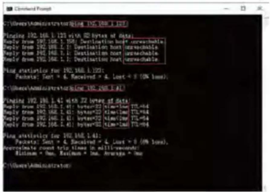 C:\Users\Administrator\Ping 192.108.1.12\1 Pinging 192.168.1.123 with 82 bytes of data; Reply from 192.168.1.158: Destination host unreachable. Reply from 192.168.1.1: Destination host unreachable. Reply from 192.168.1.1: Destination host unreachable. Reply from 192.168.1.1: Destination host unreachable. Ping statistics for 192.168.1.123: Packeta: Sent = 6. Received = 4. Lost = 0 (OK less); C:\Users\Administrator\Ping 192.168.1.4\1 Pinging 192.168.1.42 with J2 bytes of data! Reply from 192.168.1.43: bytes=J2 time=Last TTL=64 Reply from 192.168.1.43: bytes=J2 time=Last TTL=64 Reply from 192.168.1.43: bytes=J2 time=Last TTL=64 Reply from 192.168.1.43: bytes=J2 time=Last TTL=64 Ping statistics for 192.168.1.43: Packeta: Sent = 6. Received = 4. Lost = 0 (OK less), Approximate round trip times in milli-seconds: Bitstream = One, Resilman = Ina, Average = One C:\Users\Administrator
