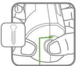 Diagram showing a hand holding a screw with a green arrow indicating direction, labeled with number 1
