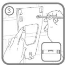 Diagram showing a person using a tool to adjust or install a device, with labeled parts and an inset image of a device.