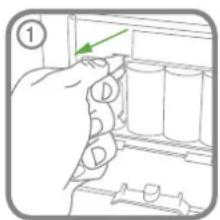 Diagram showing a hand holding a container with a green arrow pointing to it, labeled with numbers ① and ②.