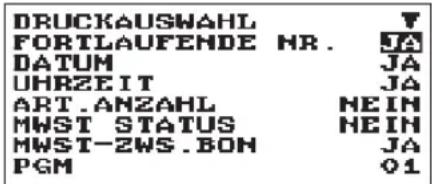 DRUCKAUSWAHL FORTLAUFENDE HR. JA DATUM JA UHRZEIT JA ART.ANZAHL NEIN MWST STATUS NEIN MWST-ZWS.BON JA PGM 01