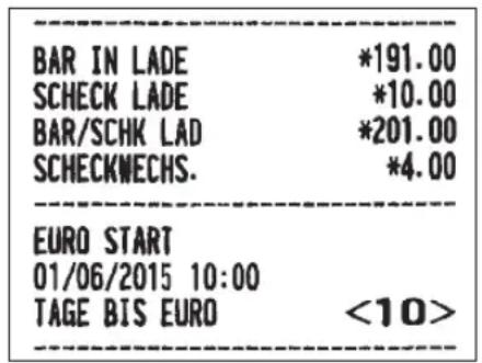 BAR IN LADE *191.00 SCHECK LADE *10.00 BAR/SCHK LAD *201.00 SCHECKWECHS. *4.00 EURO START 01/06/2015 10:00 TAGE BIS EURO <10>