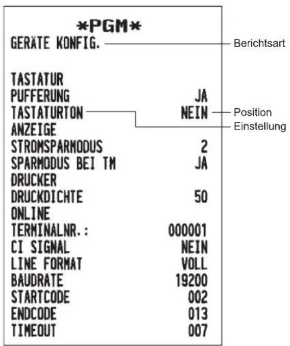 *PGM* GERÄTE KONFIG. Berichtsart TASTATUR PUFFERUNG JA TASTATURTON NEIN ANZEIGE STROMSPARMODUS 2 SPARMODUS BEI TM JA DRUCKER DRUCKDICHTE 50 ONLINE TERMINALNR.: 000001 CI SIGNAL NEIN LINE FORMAT VOLL BAUDRATE 19200 STARTCODE 002 ENDCODE 013 TIMEOUT 007