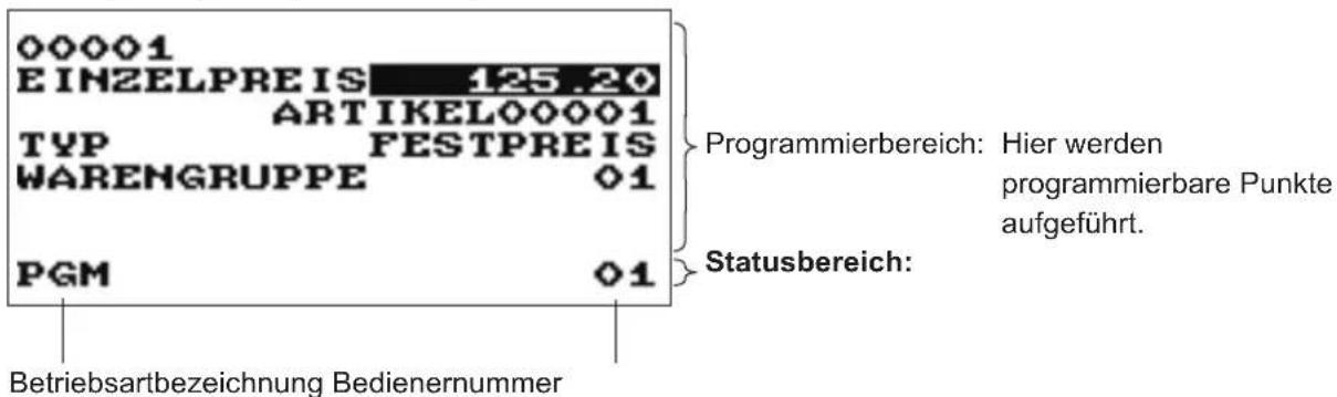00001 EINZELPREIS 125.20 ARTIKEL00001 TYP FESTPREIS WARENGRUPPE 01 PGM 01 Programmierbereich: Hier werden programmierbare Punkte aufgeführt. Statusbereich: Betriebsartbezeichnung Bedienernummer