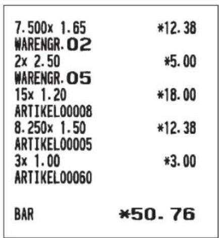 7.500x 1.65 WARENGR.02 2x 2.50 WARENGR.05 15x 1.20 ARTIKEL00008 8.250x 1.50 ARTIKEL00005 3x 1.00 ARTIKEL00060 BAR *12.38 *5.00 *18.00 *12.38 *3.00 *50.76