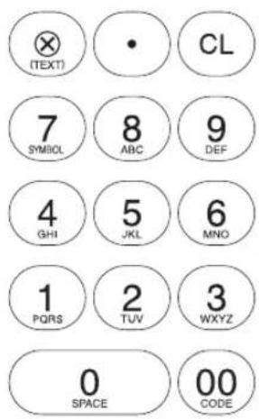 (TEXT) • CL 7 SYMBOL 8 ABC 9 DEF 4 GHI 5 JKL 6 MNO 1 PQRS 2 TUV 3 WXYZ 0 SPACE 00 CODE