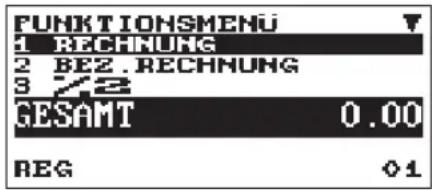 FUNKTIONSMENU 1 RECHNUNG 2 BEZ. RECHNUNG 3 7/2 GESAMT 0.00 REG 01