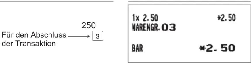 250 Für den Abschluss → 3 der Transaktion 1x 2.50 *2.50 WARENGR. 03 BAR *2.50
