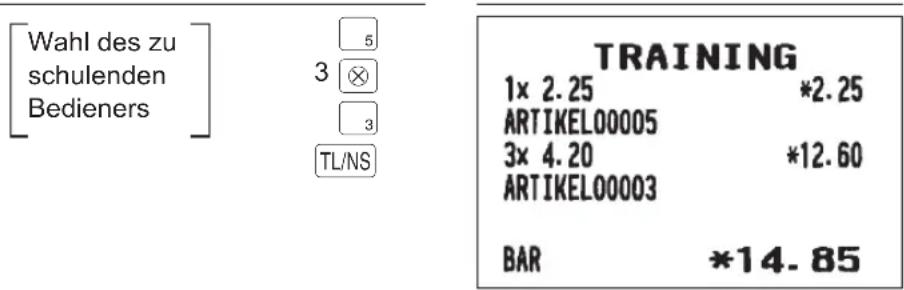 [Wahl des zu schulenden Bedieners] 3 5 TL/NS TRAINING 1x 2.25 *2.25 ARTIKEL00005 3x 4.20 *12.60 ARTIKEL00003 BAR *14.85