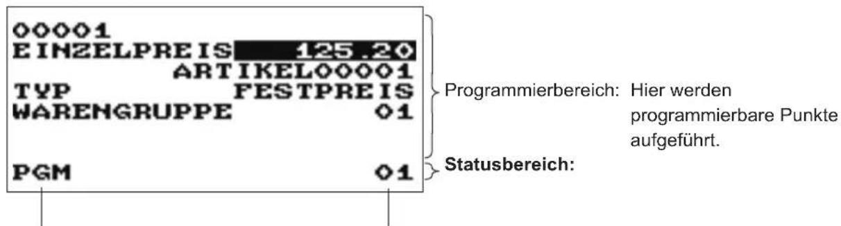 00001 EINZELPREIS 125.20 ARTIKEL00001 TYP FESTPREIS WARENGRUPPE 01 PGM 01 Programmierbereich: Hier werden programmierbare Punkte aufgeführt. Statusbereich: