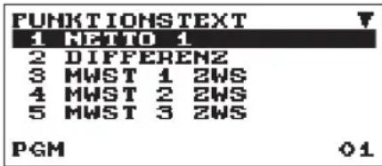 FUNKTIONSTEXT 1 NETTO 1 2 DIFFERENZ 3 MWST 1 ZWS 4 MWST 2 ZWS 5 MWST 3 ZWS PGM 01
