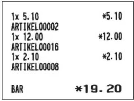 1x 5.10 *5.10 ARTIKEL00002 1x 12.00 *12.00 ARTIKEL00016 1x 2.10 *2.10 ARTIKEL00008 BAR *19.20