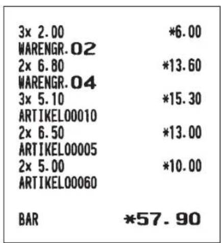 3× 2.00 *6.00 WARENGR.02 2× 6.80 *13.60 WARENGR.04 3× 5.10 *15.30 ARTIKELO00010 2× 6.50 *13.00 ARTIKELO0005 2× 5.00 *10.00 ARTIKELO00060 BAR *57.90