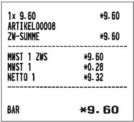 1× 9.60 *9.60 ARTIKELO00008 ZW-SUMME *9.60 MWST 1 ZWS *9.60 MWST 1 *0.28 NETTO 1 *9.32 BAR *9.60