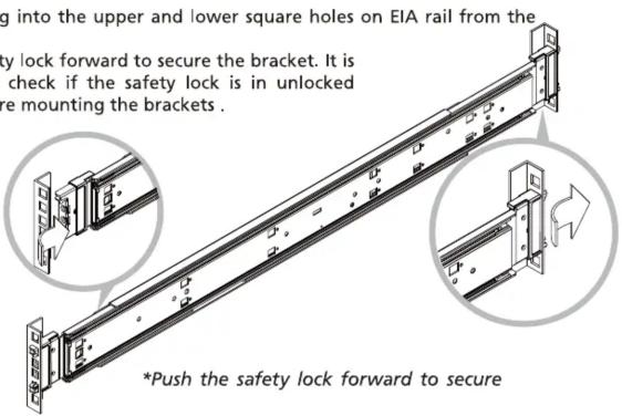 g into the upper and lower square holes on EIA rail from the safety lock forward to secure the bracket. It is check if the safety lock is in unlocked re mounting the brackets . *Push the safety lock forward to secure