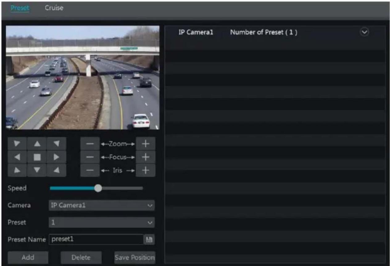 Preset Cruise IP Camera1 Number of Preset ( 1 ) ←Zoom→ + ←Focus→ + ←Iris→ + Speed Camera IP Camera1 Preset 1 Preset Name preset1 Add Delete Save Position
