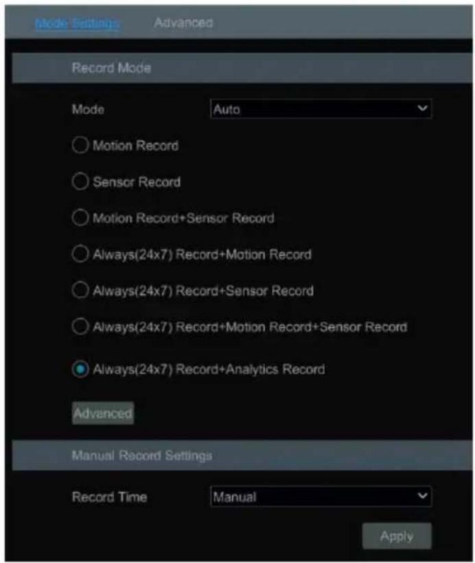 Record Mode Mode Auto Motion Record Sensor Record Motion Record+Sensor Record Always(24x7) Record+Motion Record Always(24x7) Record+Sensor Record Always(24x7) Record+Motion Record+Sensor Record Always(24x7) Record+Analytics Record Advanced Manual Record Settings Record Time Manual Apply