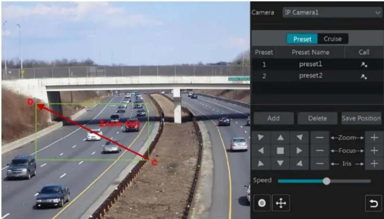 Camera IP Camera1 Preset Cruise Preset Preset Name Call 1 preset1 2 preset2 Add Delete Save Position Zoom→ + ←Focus→ + ←Iris→ + Speed