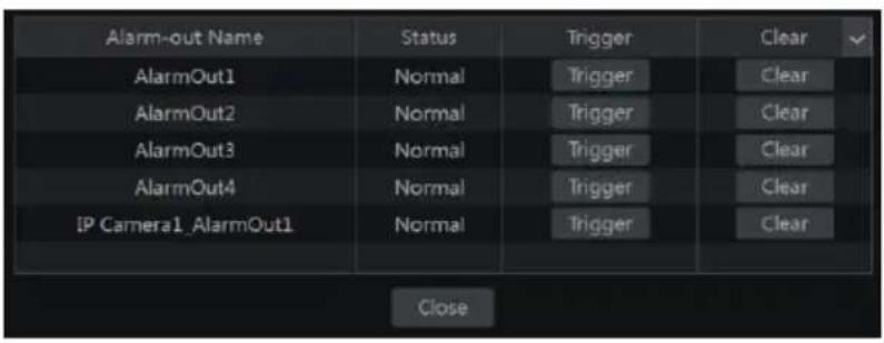 Alarm-out Name Status Trigger Clear AlarmOut1 Normal Trigger Clear AlarmOut2 Normal Trigger Clear AlarmOut3 Normal Trigger Clear AlarmOut4 Normal Trigger Clear IP Camera1_AlarmOut1 Normal Trigger Clear Close