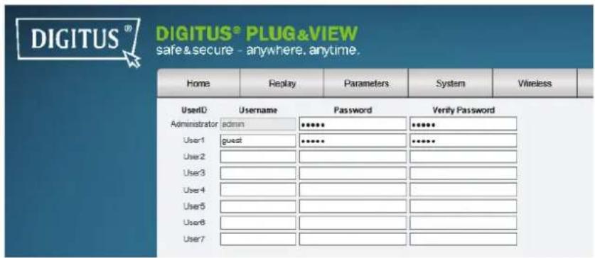 DIGITUS® DIGITUS® PLUG&VIEW safe & secure - anywhere, anytime. Home Replay Parameters System Wireless UserID Username Password Verify Password Administrator admin ******** ******** User1 guest ******** ******** User2 User3 User4 User5 User6 User7 Verify Password