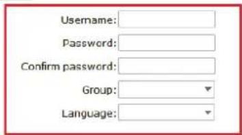 Username: Password: Confirm password: Group: Language: