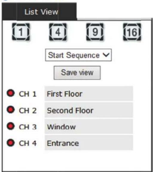 List view 1 4 9 16 Start sequence Save view CH 1 First Floor CH 2 Second Floor CH 3 Window CH 4 Entrance