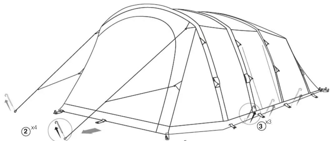 Technical diagram of a tent structure with labeled components and directional arrows indicating movement or orientation.