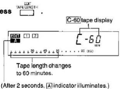 ESS EDIT TAPE LENGTH C-60 tape display EOT 1 2 A C-60 M/N Tape length changes to 60 minutes. (After 2 seconds, A indicator illuminates.)