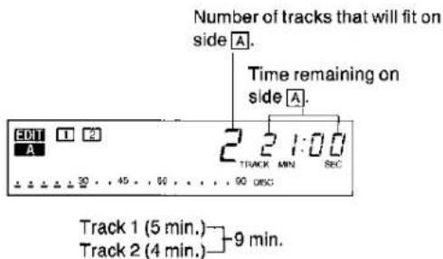 Number of tracks that will fit on side A. Time remaining on side A. EDIT 1 23 A 2 2 1:00 TRACK MIN SBC Track 1 (5 min.) Track 2 (4 min.) 9 min.