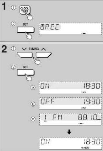 1 ① CLOCK TWOER ② SET OPEC 2 ① √ TUNING ^ ② SET ON 18:30 OFF 19:30 1 FM 88.10 ON 18:30