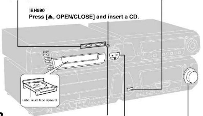 |EH590 | Press [▲, OPEN/CLOSE] and insert a CD. LED2 Label must face upward.