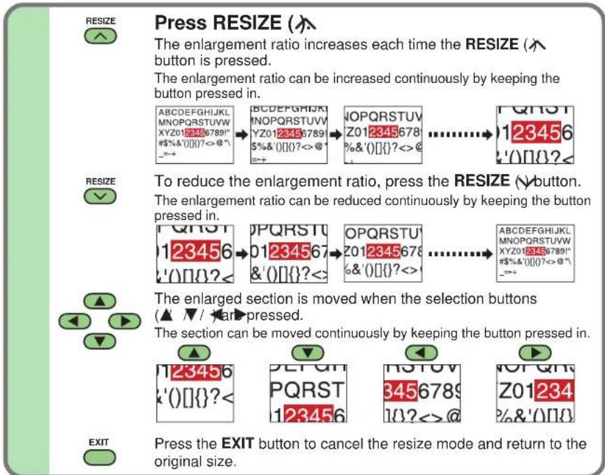 RESIZE Press RESIZE (▲) The enlargement ratio increases each time the RESIZE (▲ button is pressed. The enlargement ratio can be increased continuously by keeping the button pressed in. ABCDEFGHIJKL MNOPQRSTUVW XYZ0123456789! #%&'()[]?<>@' =++ ABCDEFGHIJKL MNOPQRSTUVW YZ0123456789 $%&'()[]?<>@' =++ OPQRSTUV Z012345678 %&'()[]?<>@' ............→123456 '0]0?< RESIZE To reduce the enlargement ratio, press the RESIZE (▼ button. The enlargement ratio can be reduced continuously by keeping the button pressed in. QHST 123456 '0]0?< OPQRSTU 01234567 &'()[]?<>: OPQRSTU Z012345678 %&'()[]?<>: ............→ ABCDEFGHIJKL MNOPQRSTUVW XYZ0123456789! #%&'()[]?<>@' =++ The enlarged section is moved when the selection buttons (▲ ▼ / ▼)ar pressed. The section can be moved continuously by keeping the button pressed in. 123456 '0]0?< DETGH PQRST 123456 RSTUV 3456789 10?<>@ NOT QH Z01234 %&'()[]? EXIT Press the EXIT button to cancel the resize mode and return to the original size.