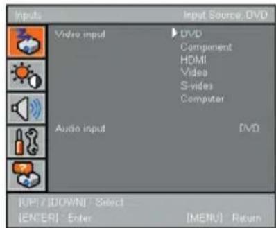 Inputs Input Source: DVD Video input DVD Component HDMI Video S-vides Computer Audio input DVD [UP] / [DOWN] Select [ENTER] Enter [MENU] Return