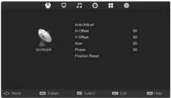 Auto Adjust H-Offset 50 V-Offset 50 Size 50 Phase 50 Position Reset SCREEN