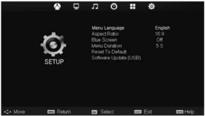 Menu Language Aspect Ratio Blue Screen Menu Duration Reset To Default Software Update (USB) English 16.9 Off 5 S SETUP Move Return Select Exit Help