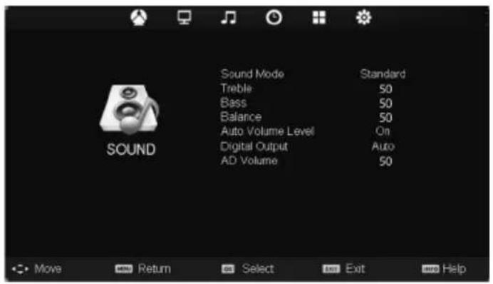 Sound Mode Treble Bass Balance Auto Volume Level Digital Output AD Volume Standard 50 50 50 On Auto 50 SOUND Move Return Select Exit Help