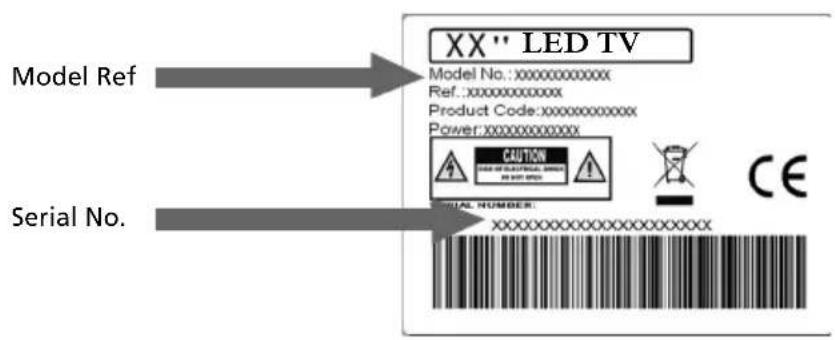 Model Ref Serial No. XX'' LED TV Model No.:xxxxxxxxxxxxx Ref.:xxxxxxxxxxxxx Product Code:xxxxxxxxxxxxx Power:xxxxxxxxxxxxx CAUTION SAL. NUMBER: CE XXXXXXXXXXXXXX