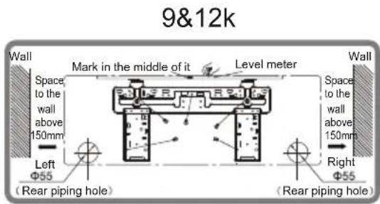 9&12k Wall Mark in the middle of it Level meter Wall Space to the wall above 150mm Left Φ55 (Rear piping hole) Right Φ55 Space to the wall above 150mm