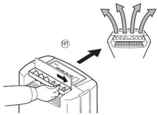 Diagram showing a printer with internal structure being inserted, accompanied by an arrow indicating airflow or heat transfer.