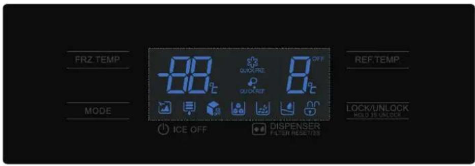 FRZ TEMP MODE ICE OFF QUICK/FREE QUICK/REF OFF DISPENSER FILTER RESET/SS REF TEMP LOCK/UNLOCK HOLD 35 UNLOCK