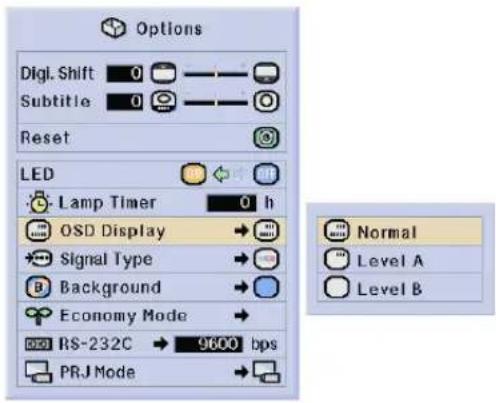 Options Digl. Shift 0 Subtitle 0 Reset LED Lamp Timer 0 h OSD Display Signal Type Background Economy Mode RS-232C → 9600 bps PRJ Mode Normal Level A Level B