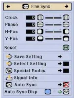 Fine Sync Clock 0 Phase 0 H-Pos 0 V-Pos 0 Reset Save Setting Select Setting Special Modes Signal Info Auto Sync Auto Sync Disp