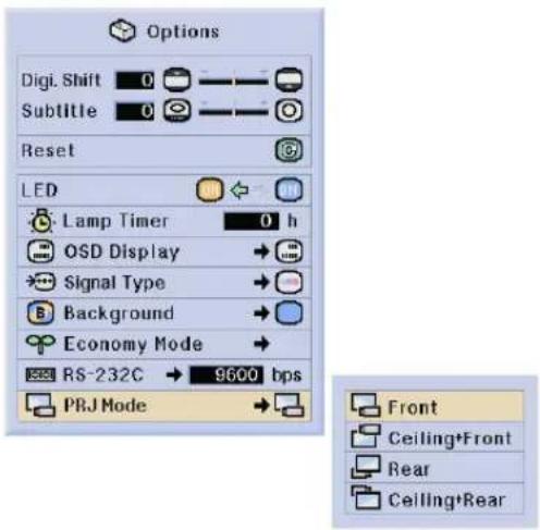 Options Digi. Shift 0 Subtitle 0 Reset LED Lamp Timer 0 h OSD Display Signal Type Background Economy Mode RS-232C → 9600 bps PRJ Mode Front Ceiling*Front Rear Ceiling*Rear