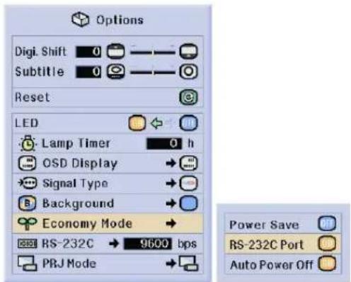 Options Digi. Shift 0 Subtitle 0 Reset LED Lamp Timer 0 h OSD Display Signal Type Background Economy Mode RS-232C → 9600 bps PRJ Mode Power Save RS-232C Port Auto Power Off